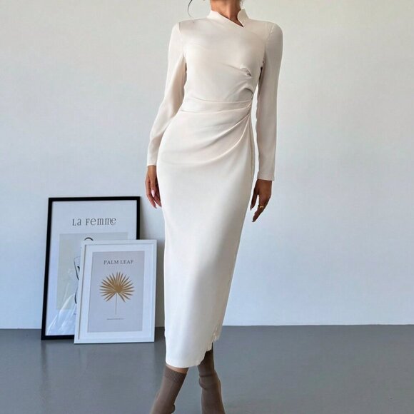 Apricot Elegant Women's Asymmetric Collar Long Sleeve Maxi Dress - Picture 4 of 6